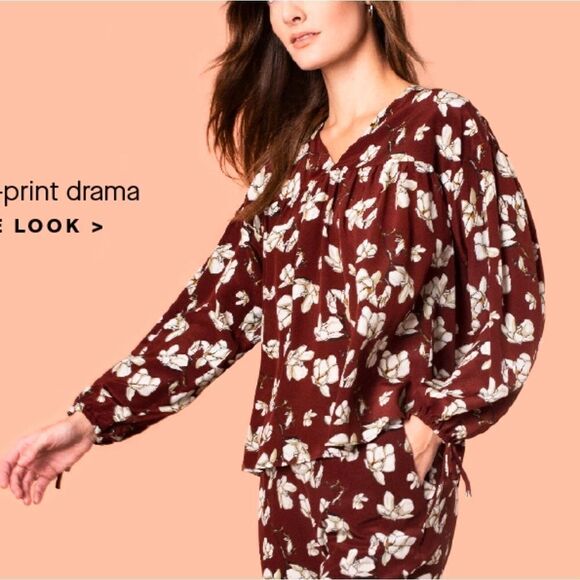 Tucker Bohemian Blouse Red Magnolia in Crepe de Chine Silk Floral - Picture 2 of 2